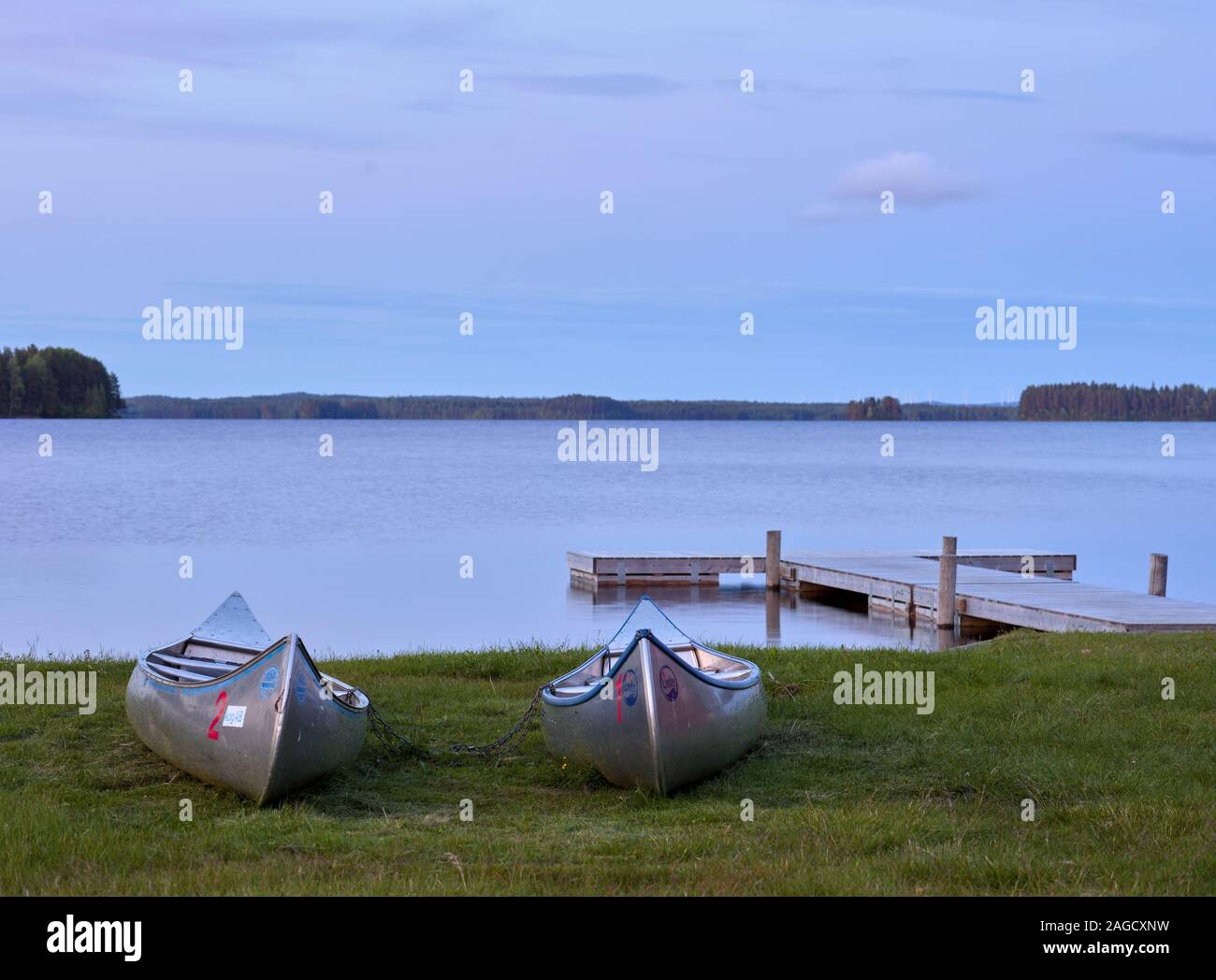 Aluminum canoes in Strömsund next to Russfjärden in Jämtland, Sweden ...