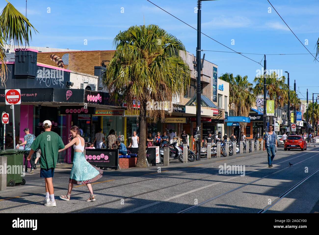 Street view of St Kilda, a famous beach town in Melbourne, Australia Stock Photo