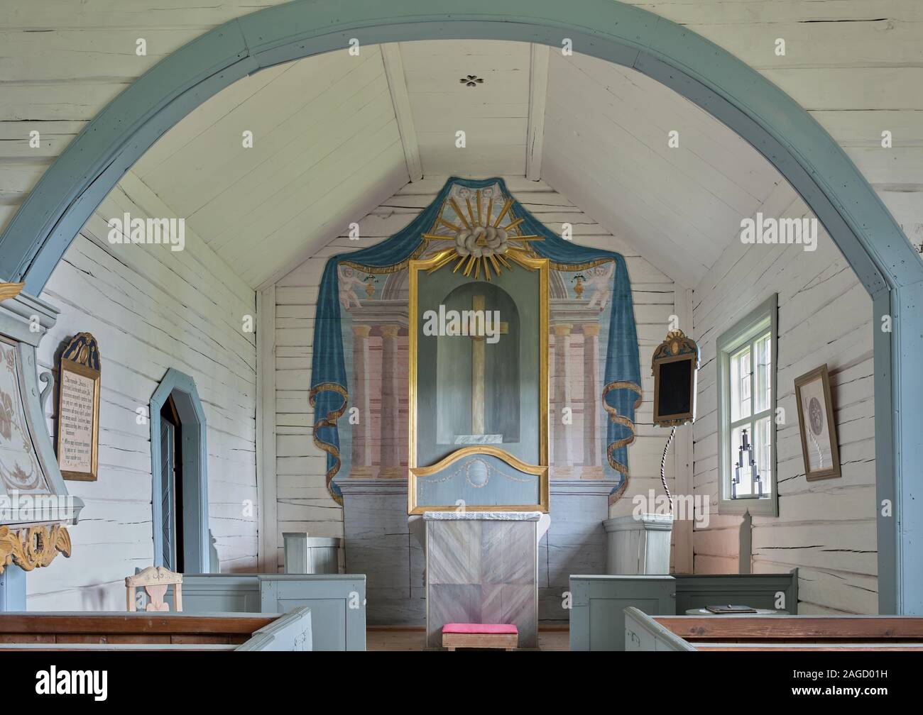 Interior of Viken Chapel near Viken, near Gäddede, Sweden Stock Photo