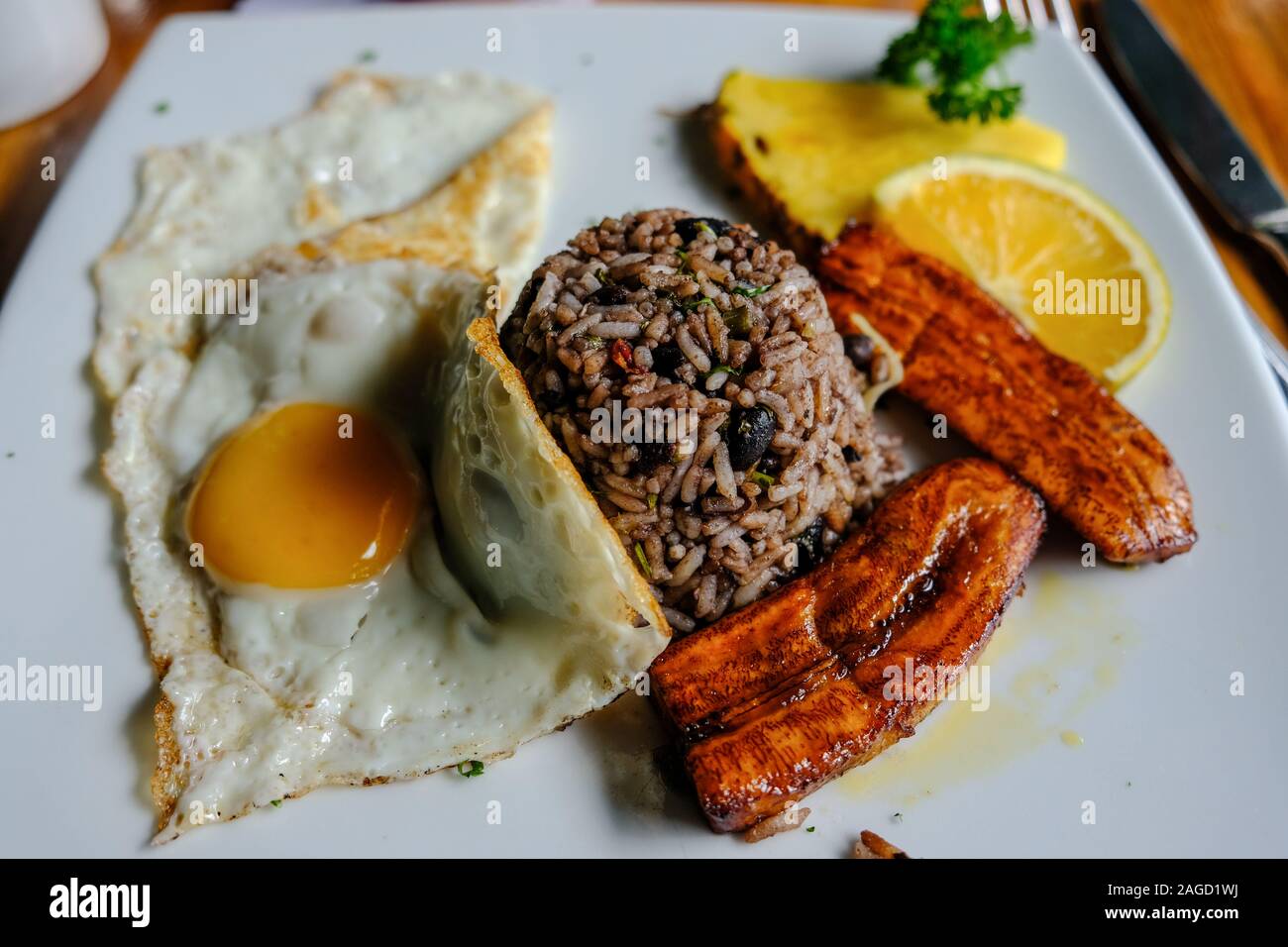 Traditional breakfast in Costa Rica consisting on spicy rice and beans