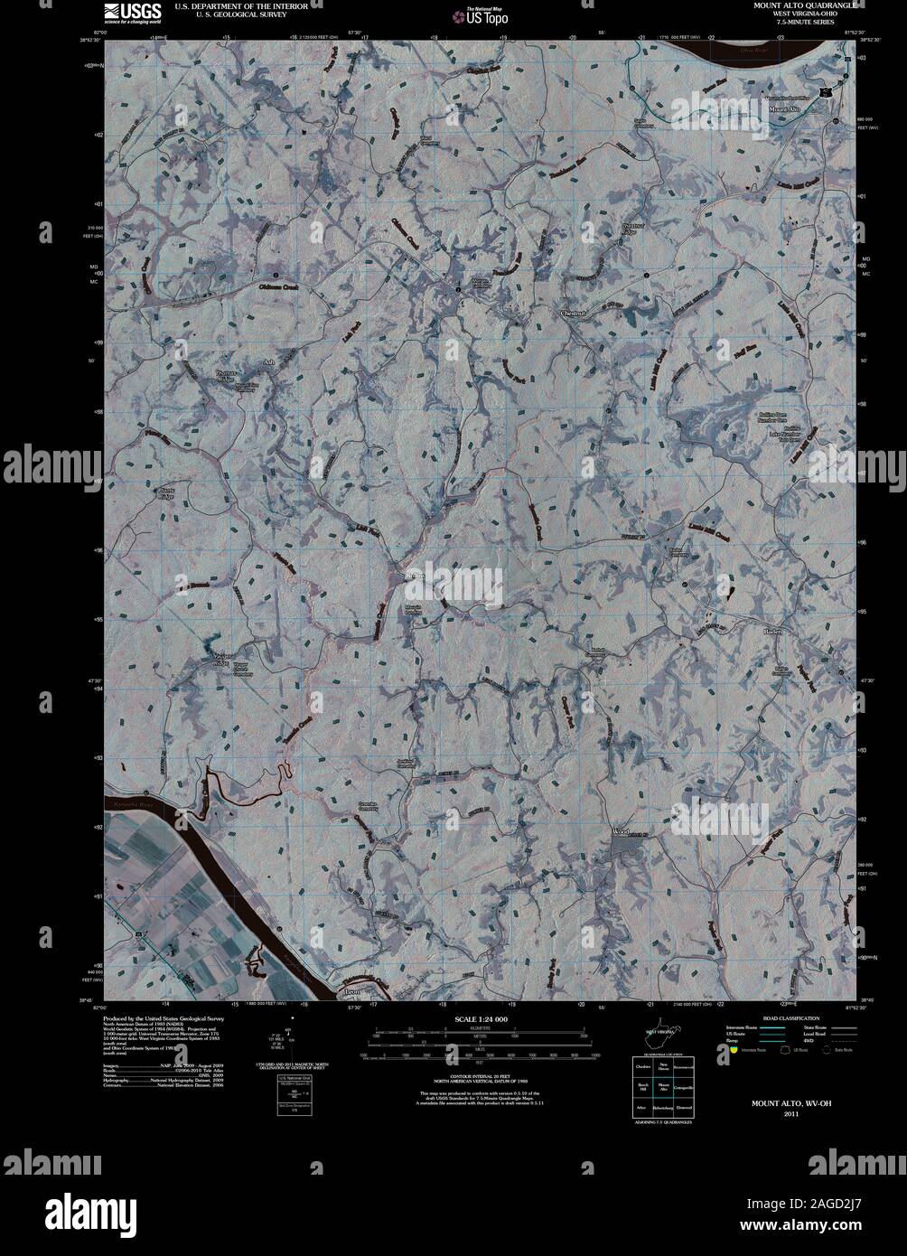 USGS TOPO Map Ohio WV Mount Alto 20110131 TM Inverted Restoration Stock Photo