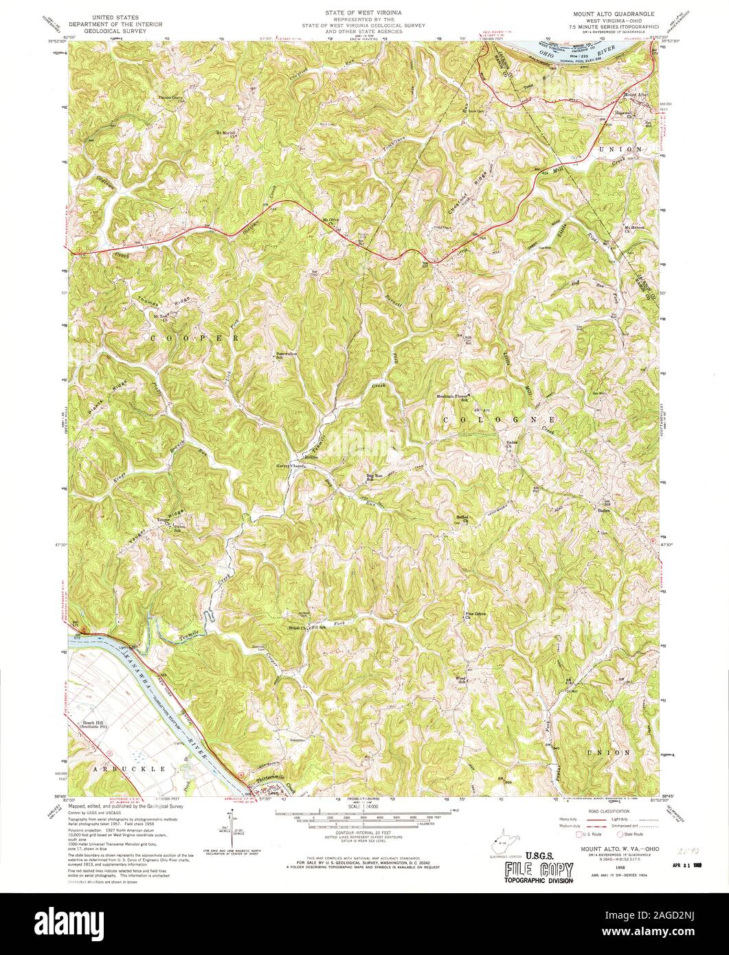 USGS TOPO Map Ohio WV Mount Alto 253053 1958 24000 Restoration Stock Photo