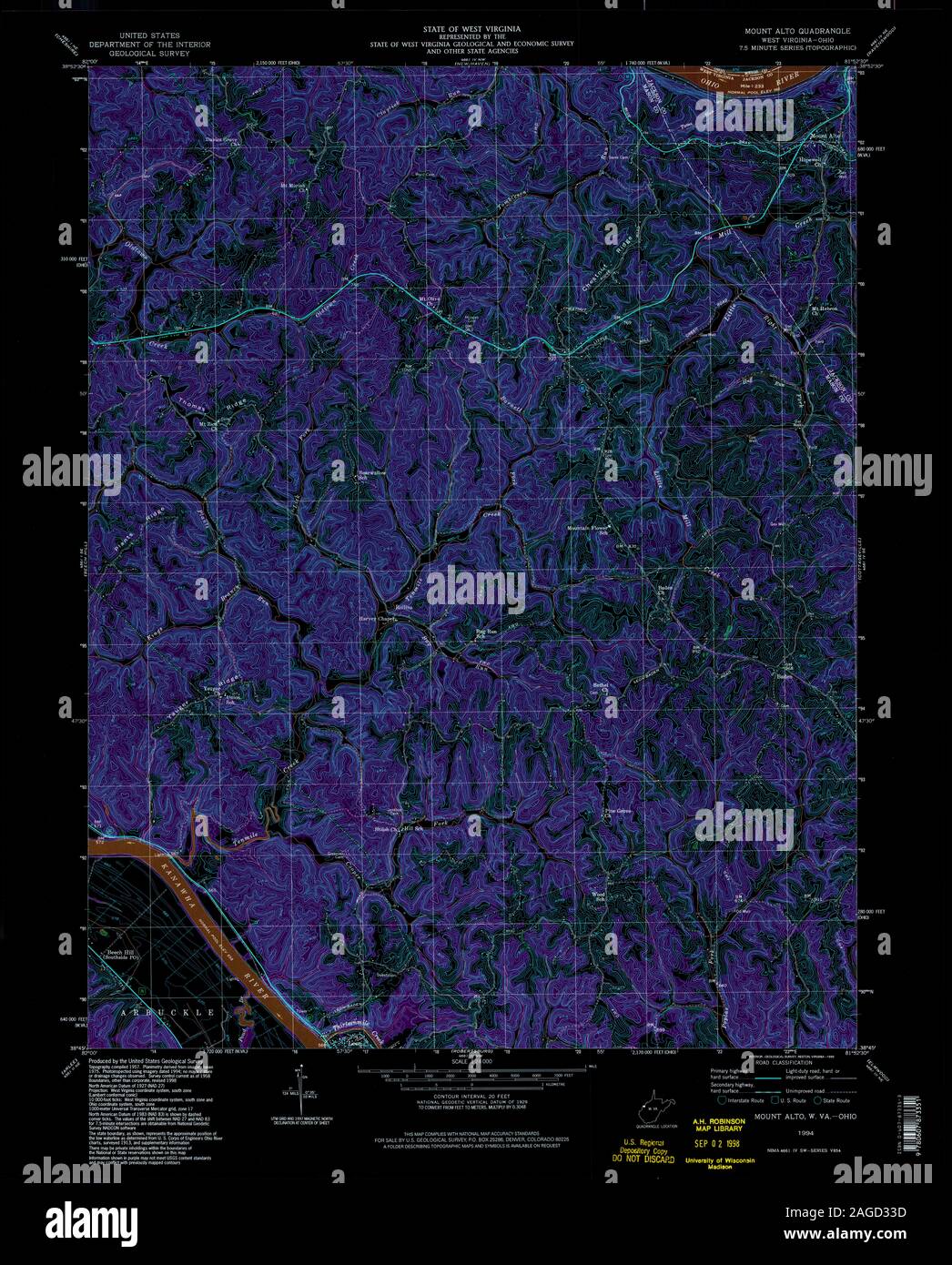 USGS TOPO Map Ohio WV Mount Alto 701099 1994 24000 Inverted Restoration Stock Photo