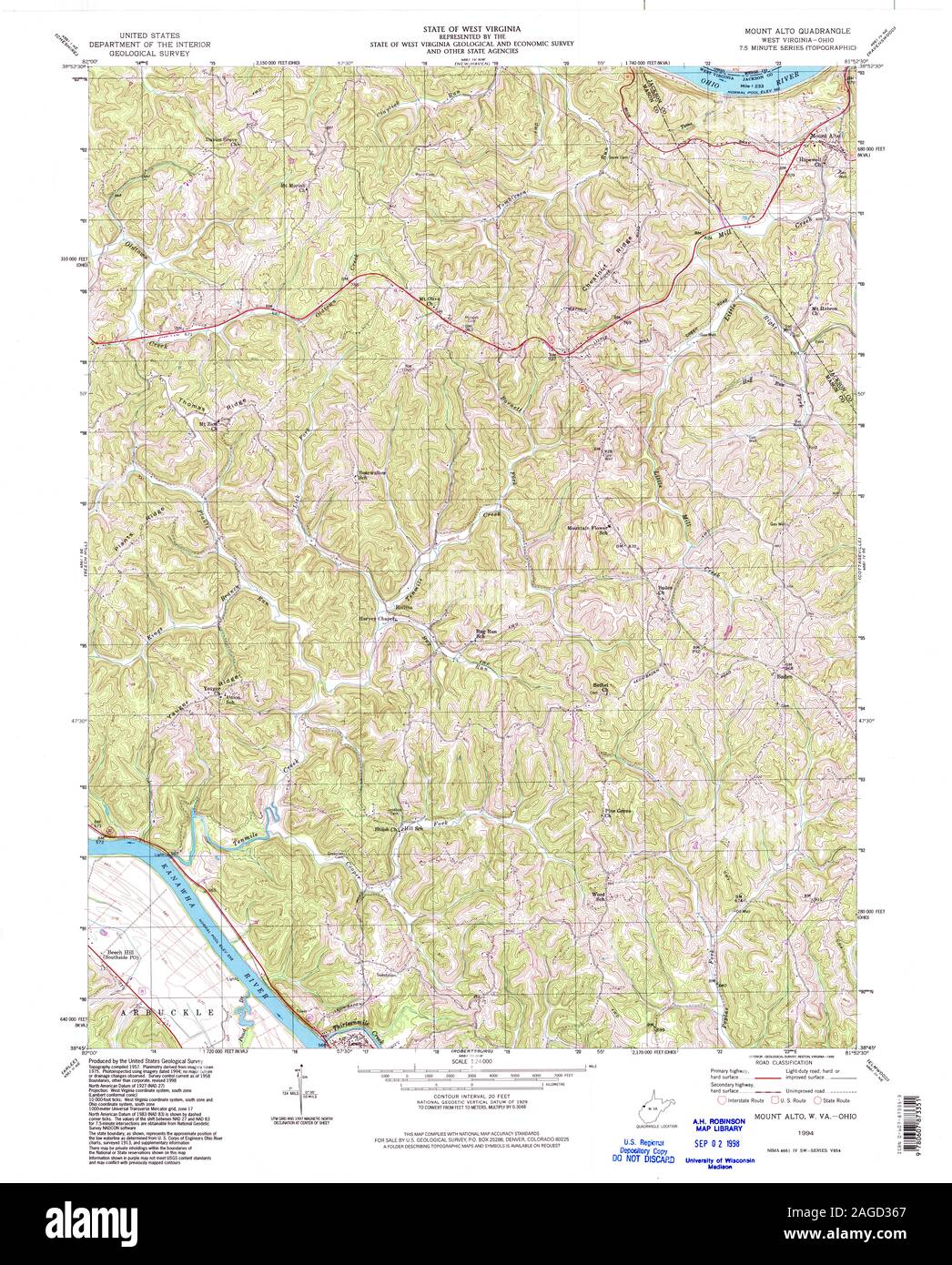USGS TOPO Map Ohio WV Mount Alto 701099 1994 24000 Restoration Stock Photo