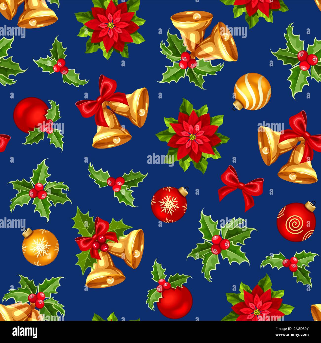 Vector seamless pattern with red and gold Christmas balls, bells, holly ...