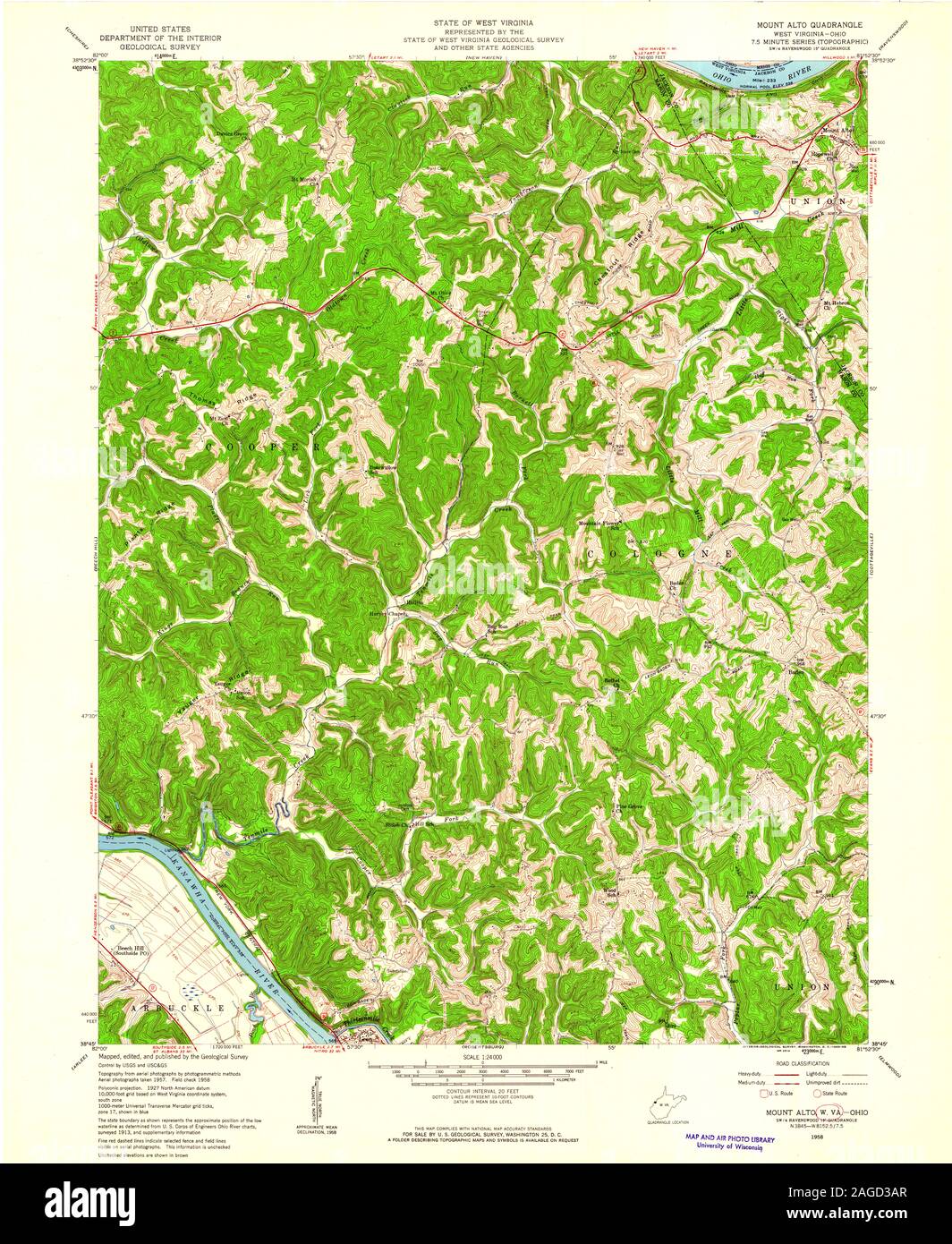 USGS TOPO Map Ohio WV Mount Alto 701101 1958 24000 Restoration Stock Photo
