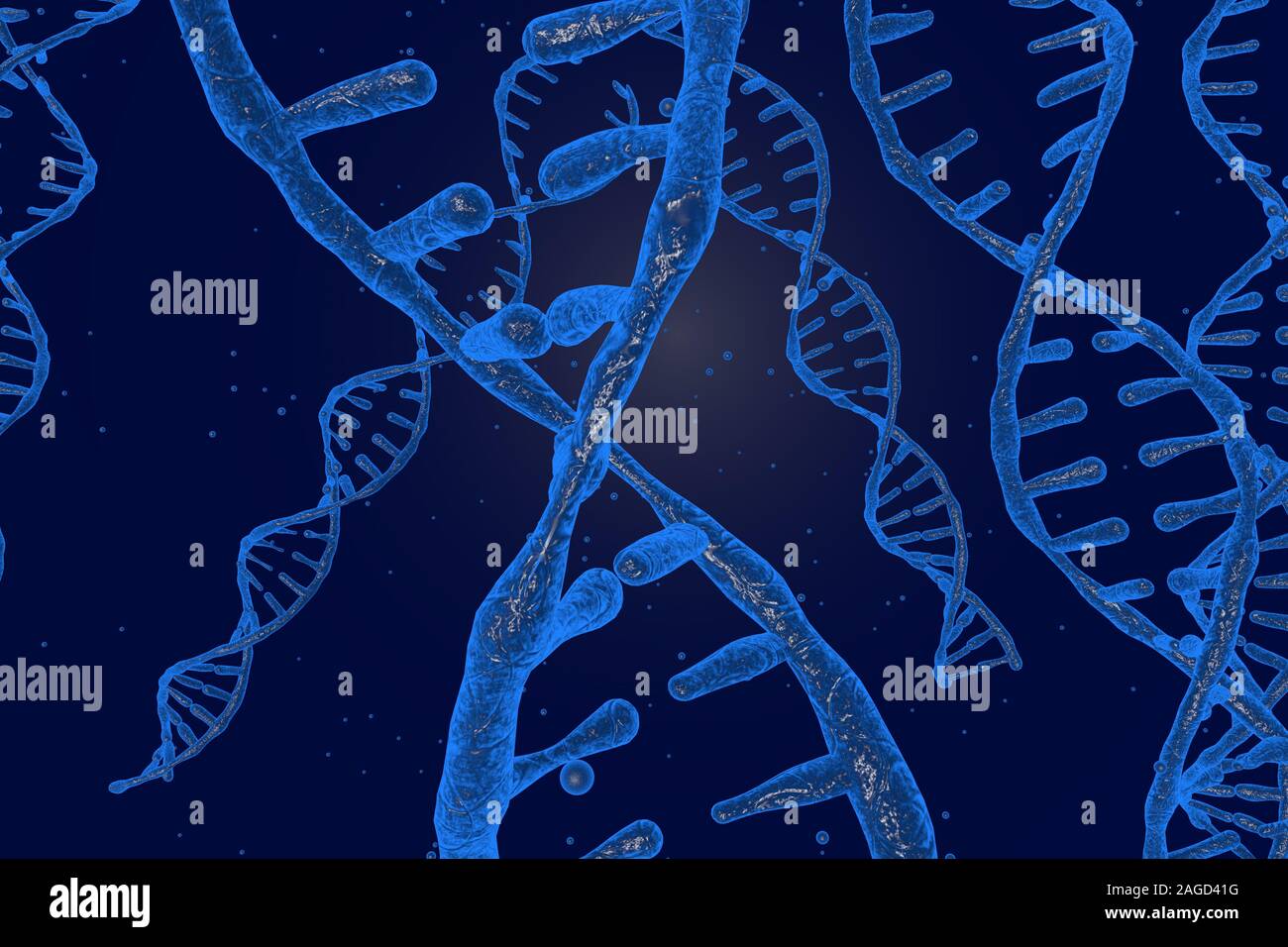 DNA double helix 3D render, closeup with blue color Stock Photo