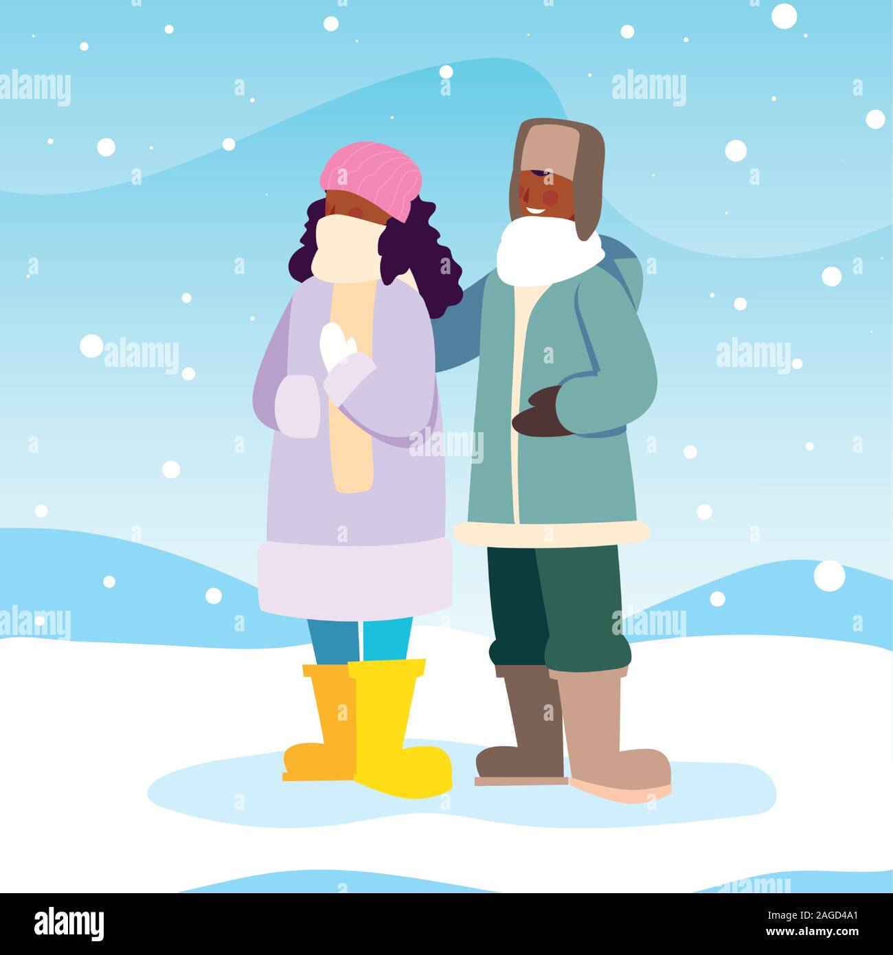 couple of people with winter clothes in landscape with snowfall vector ...