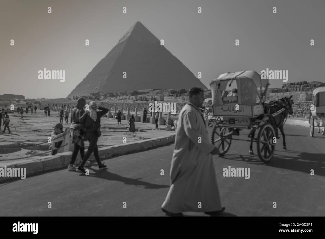 NOVEMBER 2019, CAIRO EGYPT, View of the Great Pyramids of Giza, Cairo with Egyptian male walking in front of carts Stock Photo