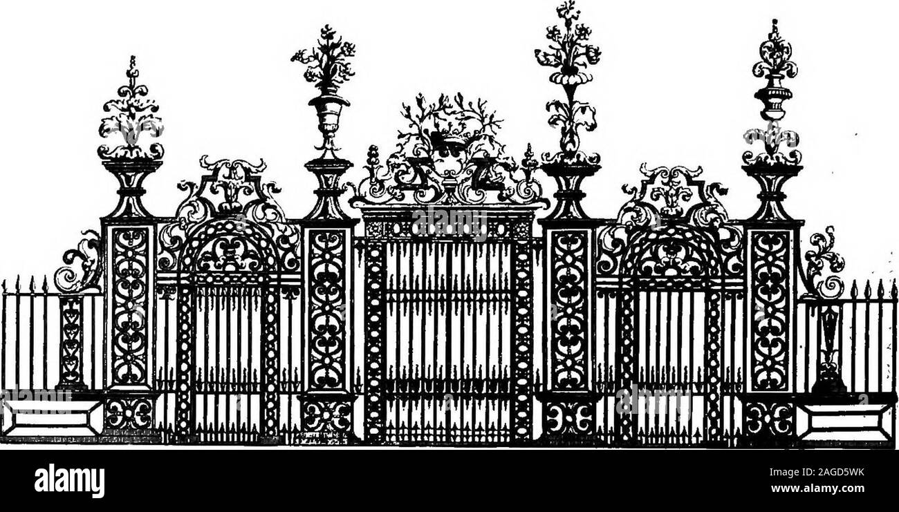. English ironwork of the XVIIth & XVIIIth centuries; an historical & analytical account of the development of exterior smithcraft. FIG. 18. TWO DESIGNS FROM TIJOus BOOK,1693, POSSIBLY MADE FOR THREE IRONGATES ON THE QUEENs SIDE OF HAMP-TON COURT, NEXT THE PARK, NOWLOST. 46 English Ironwork of the XVIIth and XVIIIth Centuries side next the Park for ^^360, as appears in an existing bill of1694. An engraving of the fine gates for Burleigh House near Stamford(Plate vi) is also in the book of designs. They still close the innercourt, and under the shelter of an arch are well preserved. Thesemicirc Stock Photo