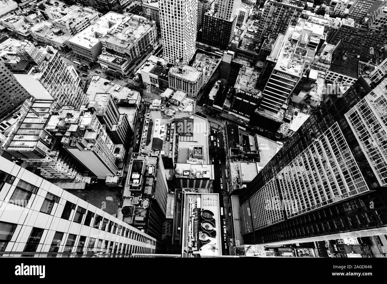 Aerial grey scale shot of the buildings and streets in New York City, United States Stock Photo
