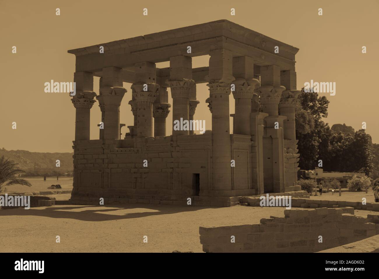 NOVEMBER 15, 2019, LAKE NASSER, EGYPT - Philae Temple is located on an island of the Aswan Low Dam, downstream of the Aswan Dam and Lake Nasser, Egypt Stock Photo