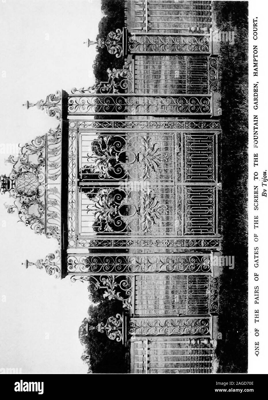 . English ironwork of the XVIIth & XVIIIth centuries; an historical & analytical account of the development of exterior smithcraft. 5. The Work of Jean Tijou, 1690—171 o 45 by broken scrolls with rich acanthus (Fig. 17). The flat pilastersare fiUed with simple scrolls repeating in pairs on either side of acentral bar with lily leaves between, surmounted above the mouldedtransom by a pyramid of scrolled acanthus with a curious wroughtopenwork -i^ase for finial. Agraceful buttress of festoonsand broken scrolls and fineacanthus leads down on eachside to the plainer wicketswith their shorter pUast Stock Photo