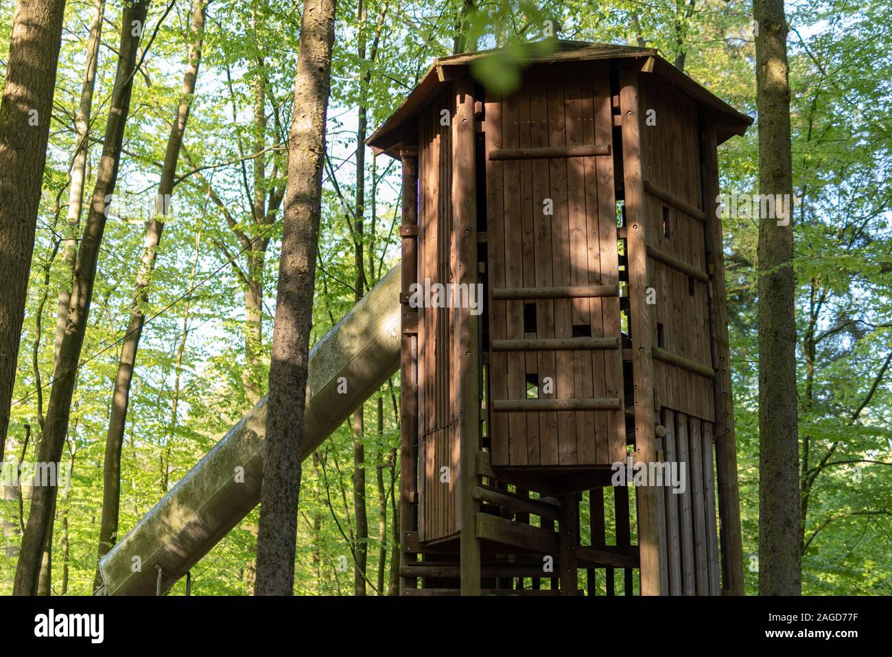 Cute Wooden Tree House For Kids In Tropical Forest Stock Photo