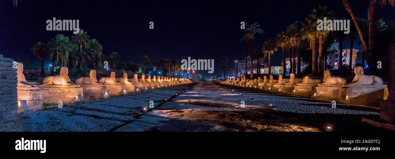 NOVEMBER 17, 2019, LUXOR, EGYPT - Avenue of the Sphinx Luxor Temple at night (ancient Thebes) was constructed approximately 1400 BCE Stock Photo