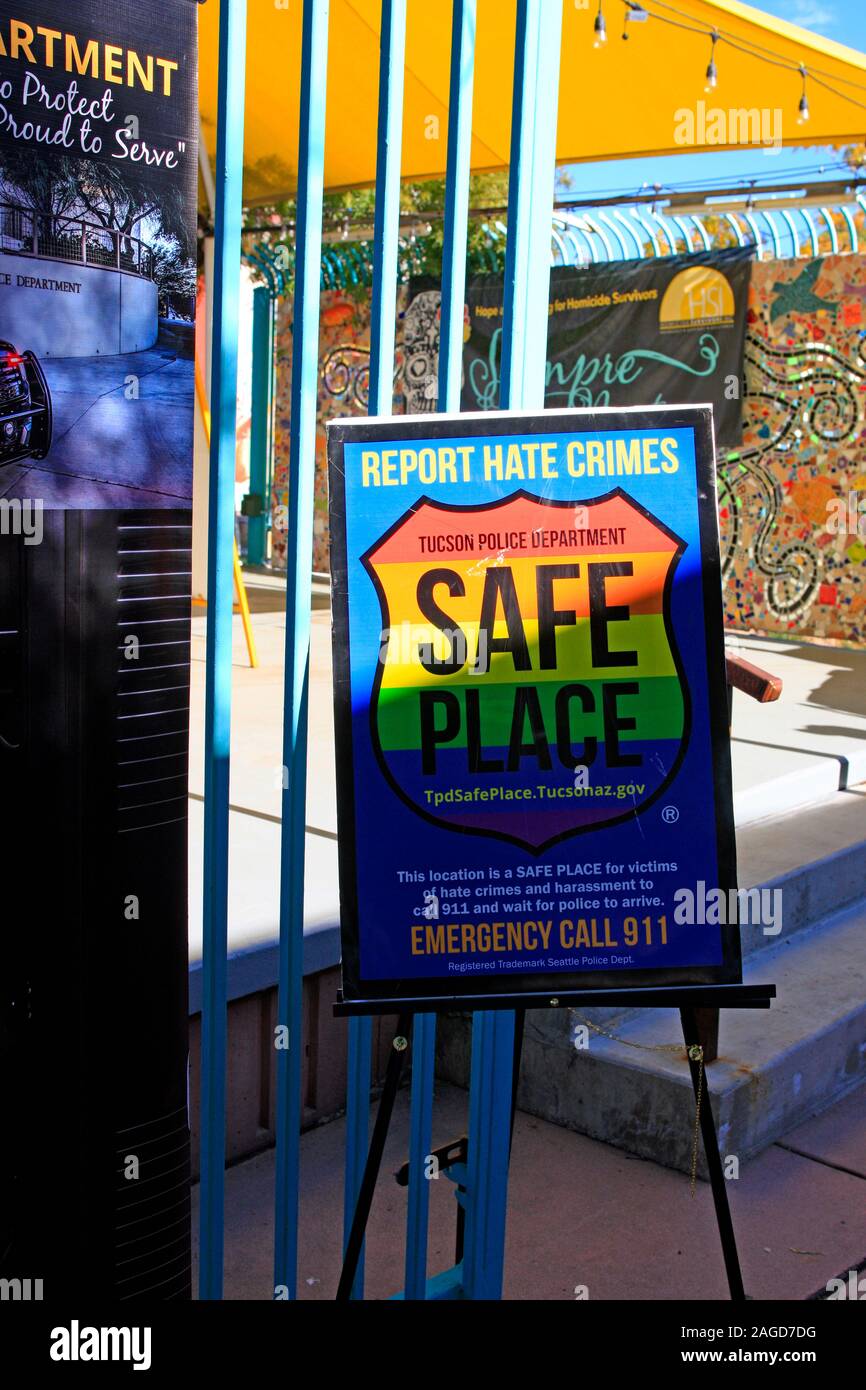 Tucson Police Dept Safe Place awareness poster at the annual Fourth Ave street market in downtown Tucson, AZ Stock Photo