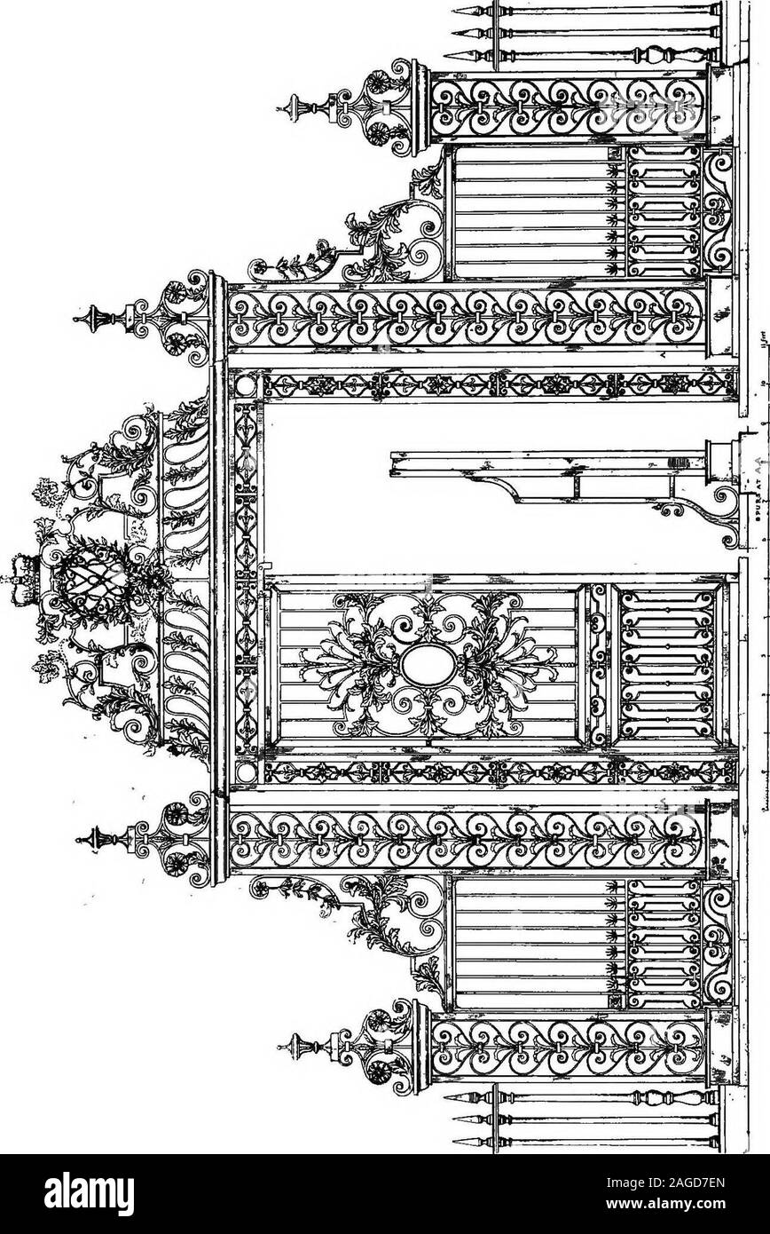 . English ironwork of the XVIIth & XVIIIth centuries; an historical & analytical account of the development of exterior smithcraft. pair of gates andwickets until recently in the line of raihng separating the Long Walkfrom the Home Park (Plate v). These are no doubt one of the two pairof gates of the garden screen, and the Lion Gate may be the secondpair very much restored. They open within a framed border filledwith a lozenge pattern of scrolls and tulip leaves, beneath a rich over-throw supported by a massive-looking but plainly moulded cornicebetween lofty pilasters. Each gate is formed of Stock Photo