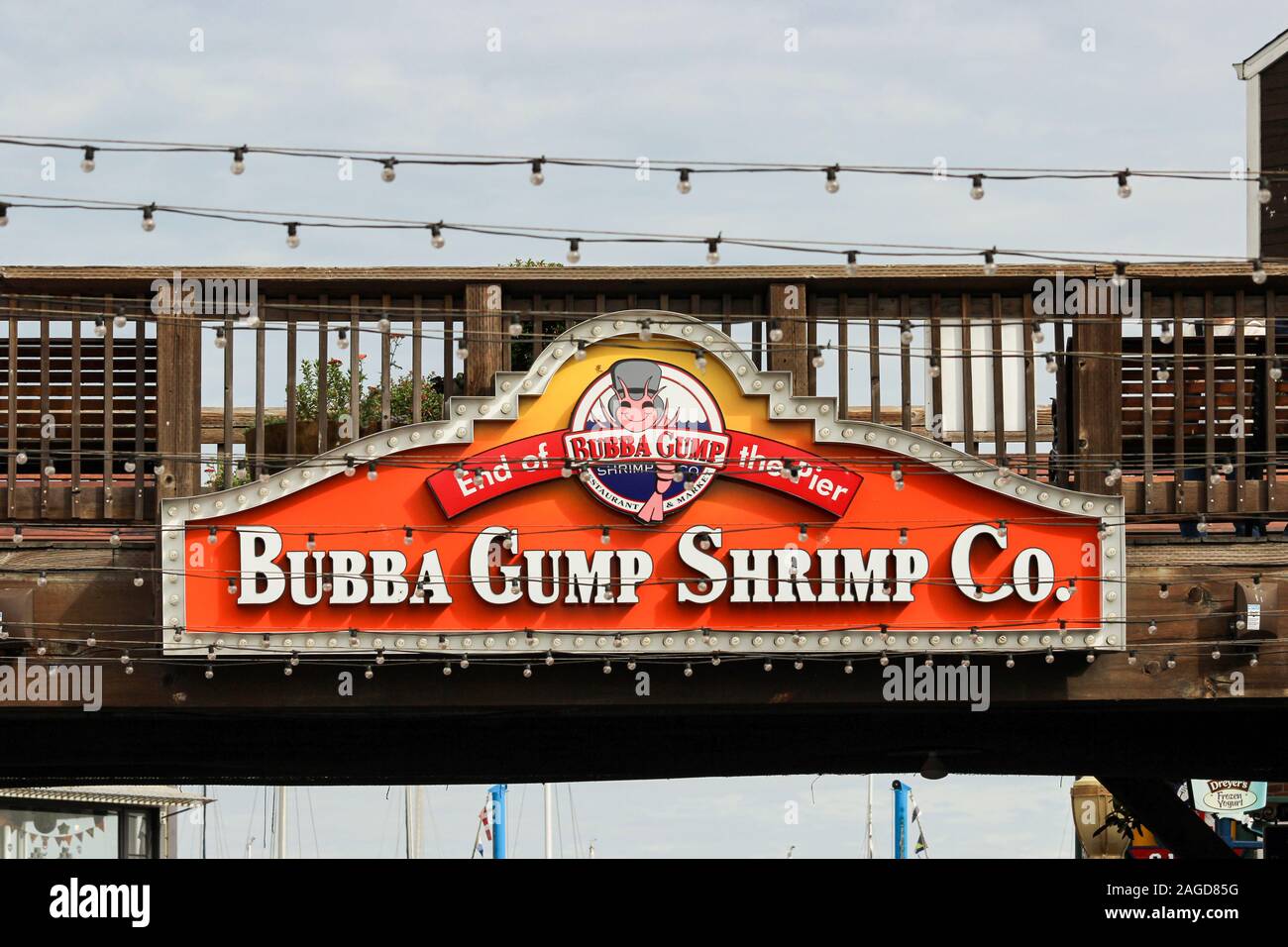 Bubba Gump Shrimp Co. sea food restaurant neon sign at Pier 39 of North Beach in San Francisco, United States of America Stock Photo