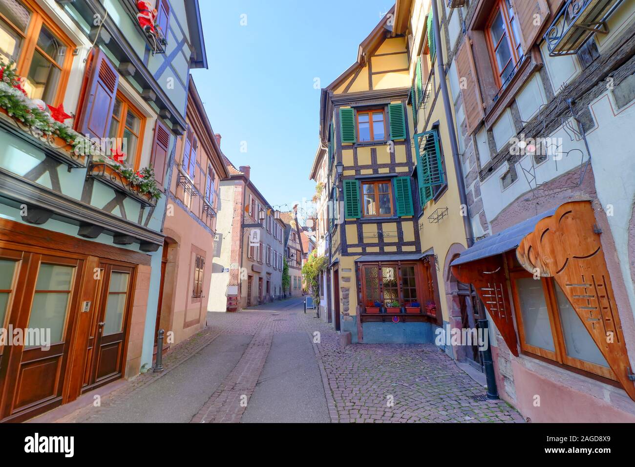 View of Ribeauville with beautiful christmas decoration displayed during christmas markets in this charming little town , Alsace region, France, Europ Stock Photo