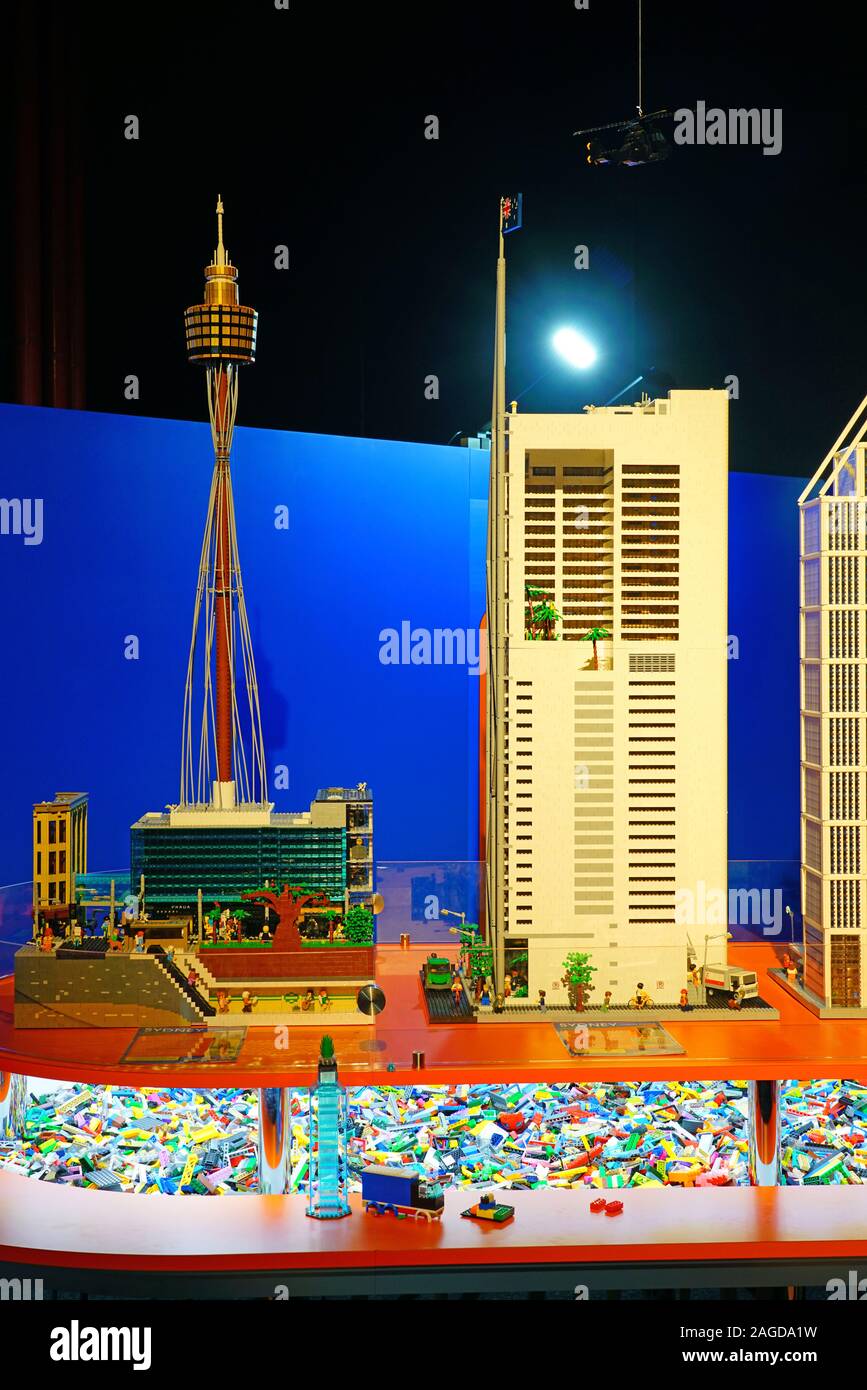 MELBOURNE, AUSTRALIA -16 JUL 2019- View of a model of Sydney, Australia, in LEGO bricks at the Brickman Cities interactive exhibit at the Scienceworks Stock Photo