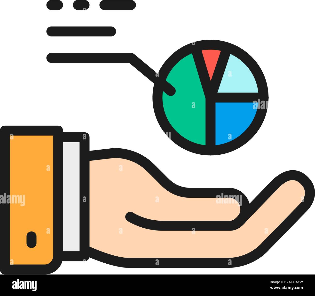 Hand with graph, trend analysis flat color line icon. Stock Vector