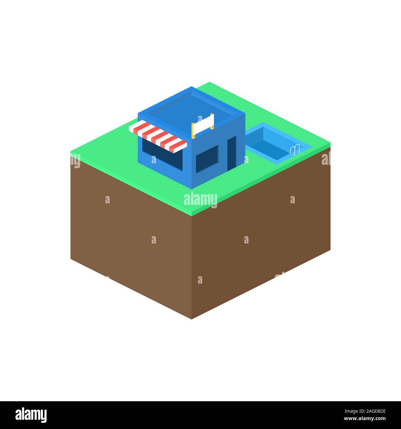Illustration of a little area with a store and a pool beside it on white background Stock Photo