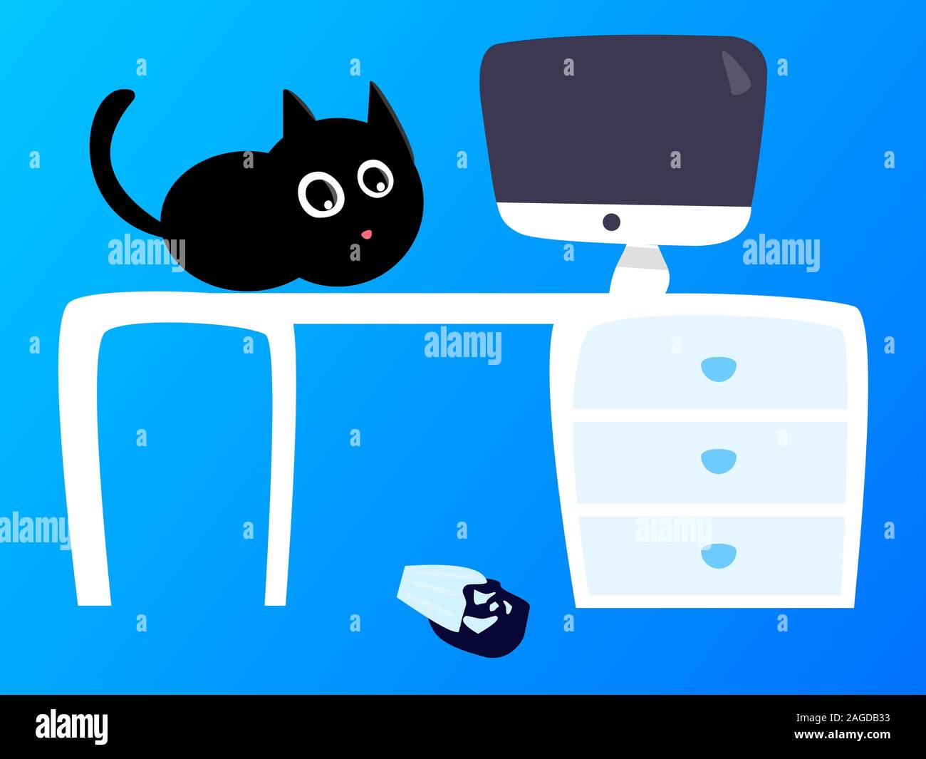 Clip art of a black cat on a white table with a computer screen on it on a blue background Stock Photo