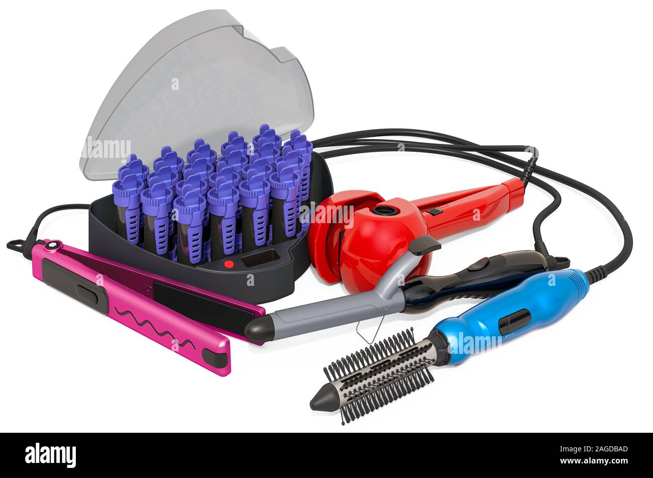 Styling Tools and Appliances. Flat Iron Hair Straightener, Hair Dryer Hot  Air Brush, Curling Iron Hair Curler, Steam Ceramic Curling Wand and Compact  Stock Photo - Alamy