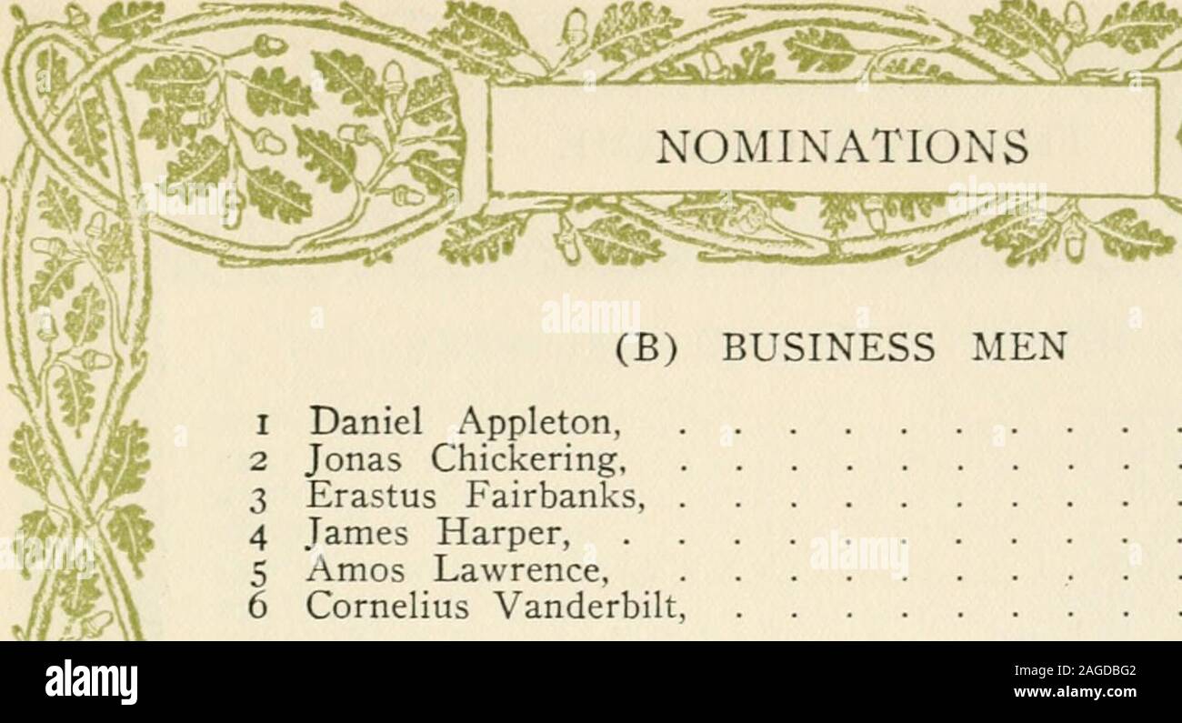 . The story of the Hall of fame, including the lives and portraits of the elect and of those who barely missed election. Also a list of America's most eligible women. 1783-1859 1796-1859. NOMINATIONS (B) BUSINESS MEN Daniel Appleton 1785-1849 Jonas Chickering 1798-1853 3 Erastus Fairbanks, 1792-1864 4 James Harper, 1795-1869 5 Amos Lawrence 1786-1852 6 Cornelius Vanderbilt, 1794-1877 (C) EDUCATORS 1 Thomas H. Gallaudet, 1787-1851 2 Mark Hopkins, 1802-1887 3 Samuel G. Howe, 1801-1876 Taylor Lewis, 1802-1887 5 Elias Loomis, 1213 1811-1* 6 Mary Lyon, 1797-1849 7 William H. McGuffey, 1800-1873 8 H Stock Photo