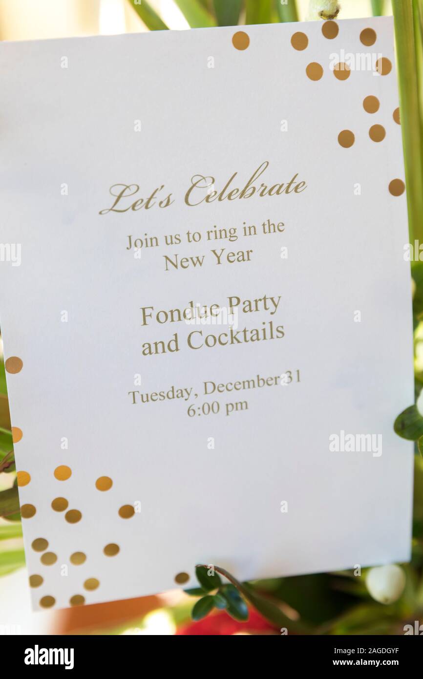 Invitation for New Year's Eve Holiday Fondue Party Stock Photo