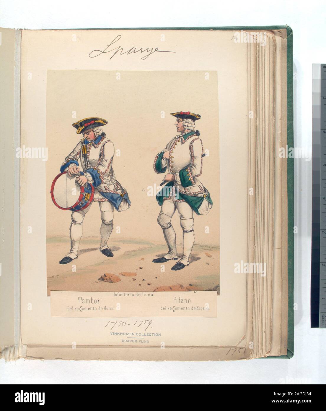 The Draper Fund; Infanteria de linea. [a] Tambor, del regimiento de Murcia; [b] Pifano, del regimiento de España. 1750-1759 Stock Photo