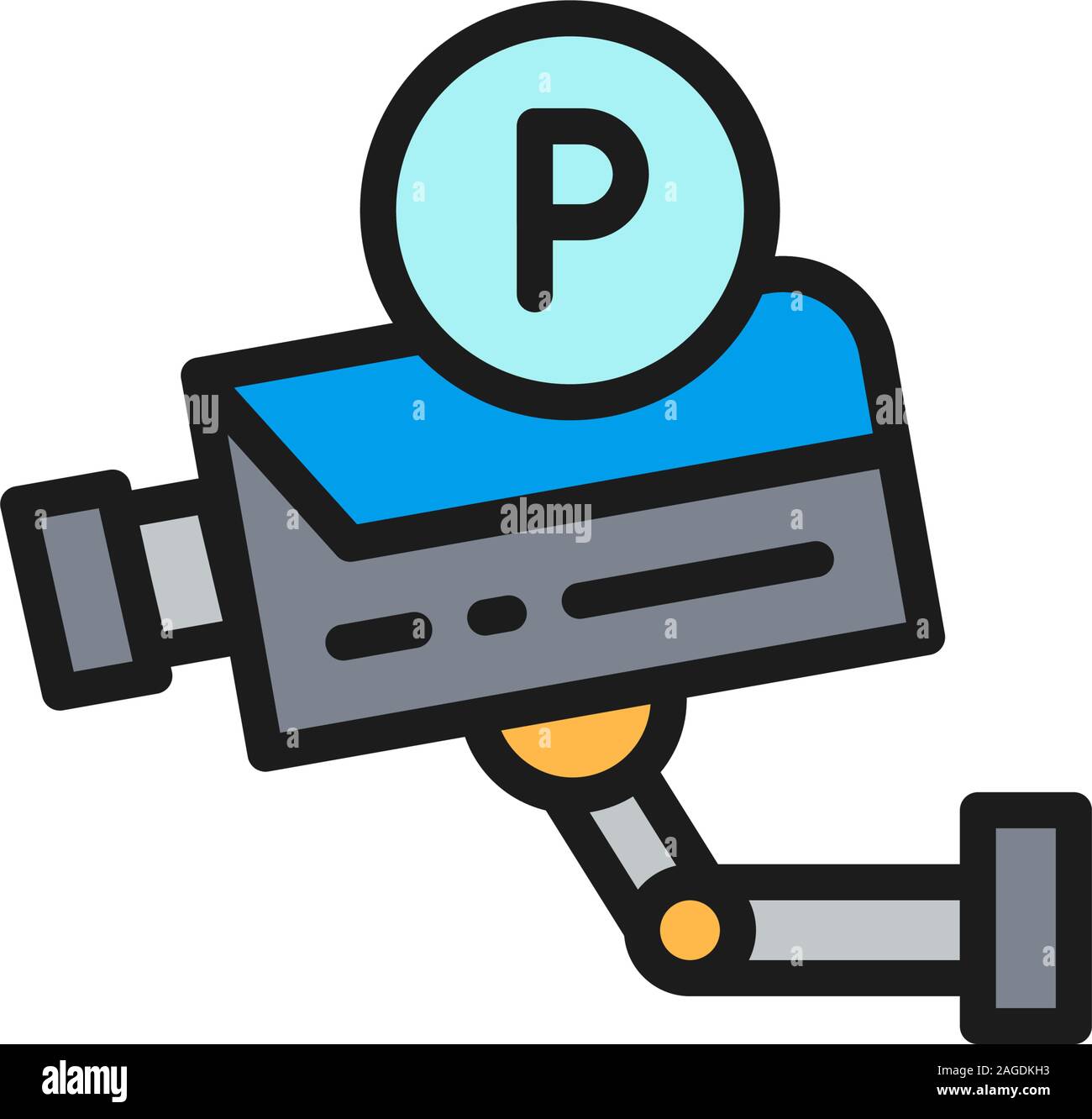 Parking security camera, surveillance system flat color line icon. Stock Vector