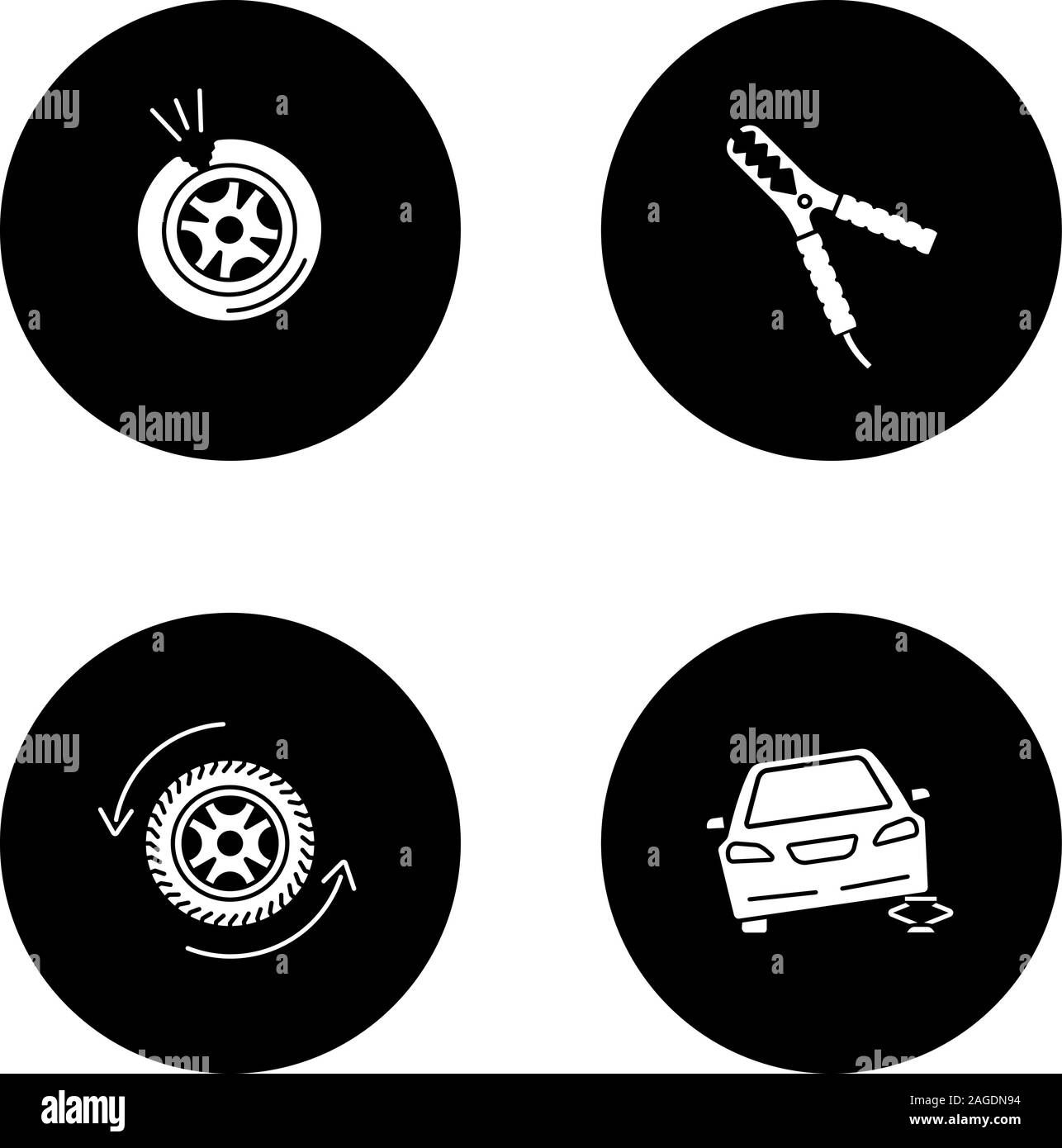 Auto workshop glyph icons set. Punctured tire, car jumper, wheel changing, auto repair jack. Vector white silhouettes illustrations in black circles Stock Vector