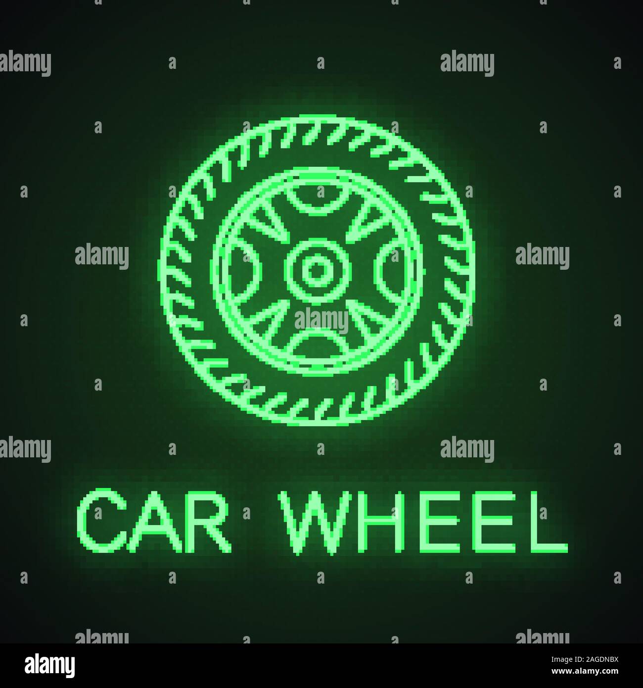 Car rim and tire neon light icon. Automobile wheel. Auto workshop glowing sign. Vector isolated illustration Stock Vector