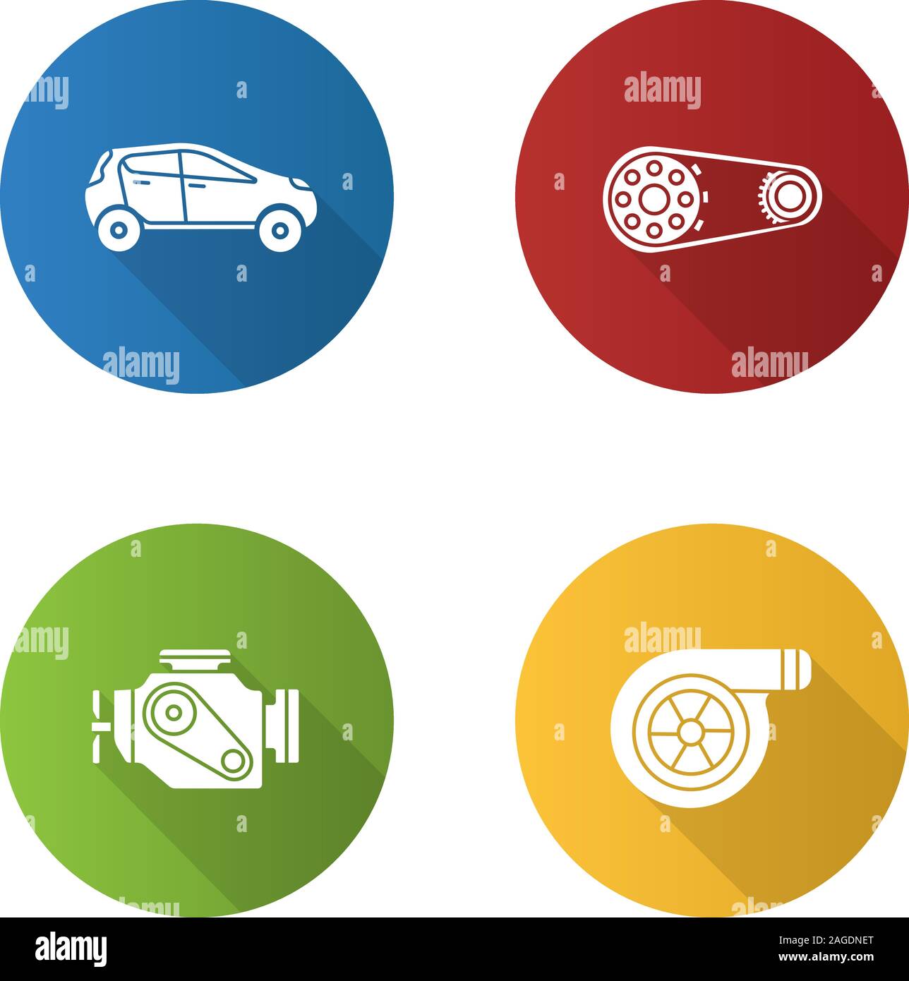 Auto workshop flat design long shadow glyph icons set. Car, sprocket ...