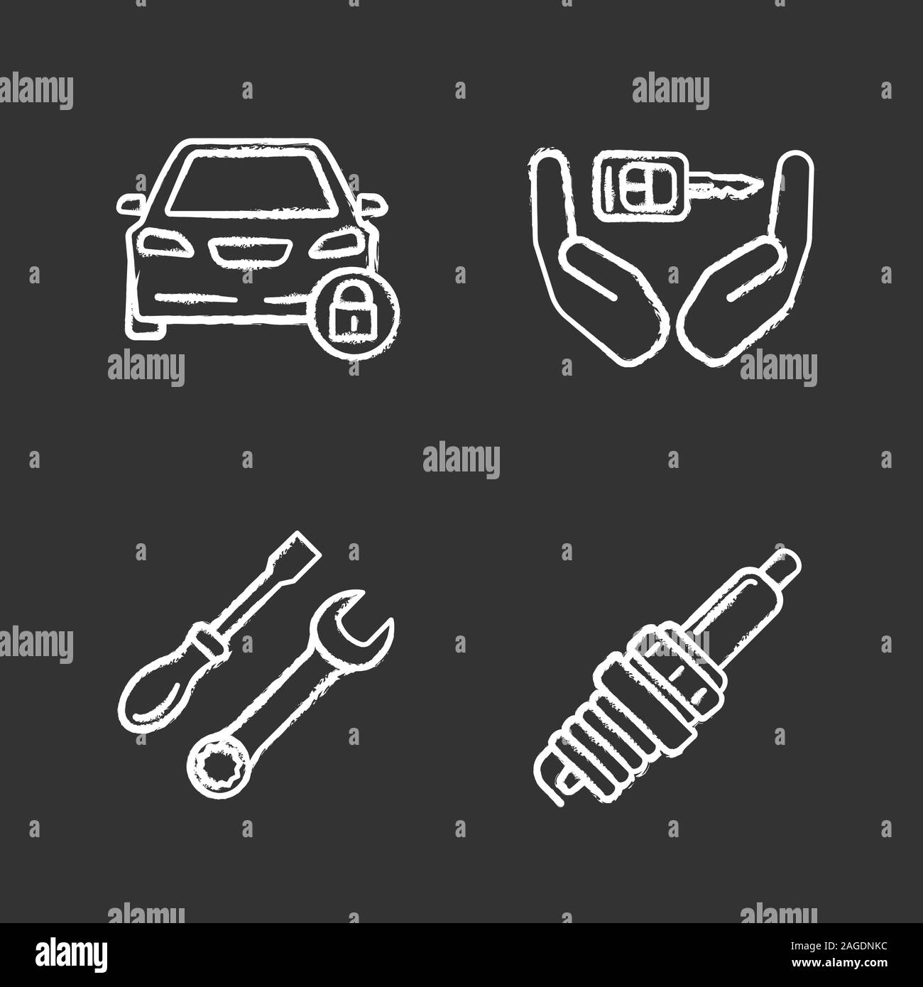 Auto workshop chalk icons set. Locked car, key in hands, screwdriver and spanner, spark plug. Isolated vector chalkboard illustrations Stock Vector