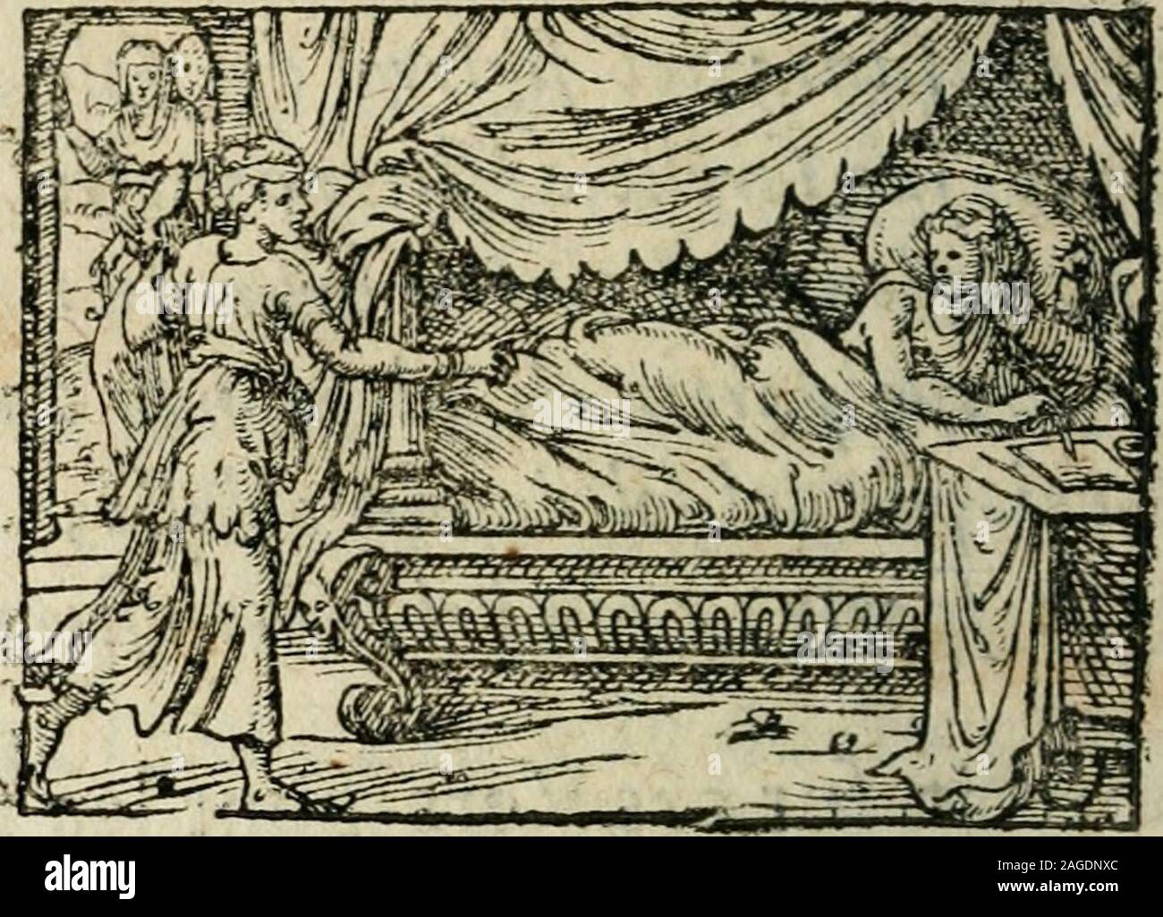 . Des decorations funebres, ou il est amplement traite' des tentures, des lumieres, des mausolées, catafalques, inscriptions & autres ornemens funebres; avec tout ce qui s'est fait de plus considerable depuis plus d'un siecle, pour les papes, empereurs, rois, reines, cardinaux, princes, prelats, sçavans & personnes illustres en naissance, vertu & dignitè, &c. ... il autre la reprefente dans fon lie ] au- duquel il introduit les Vertus qui nent lavertir quil eft temps daller au 3 recevoir la rccompenfe de fes rac- Hlj llë îyss Décorations pmehyesl. f Mnrfilîo Percgrinî en fait unemorphofe , & Stock Photo