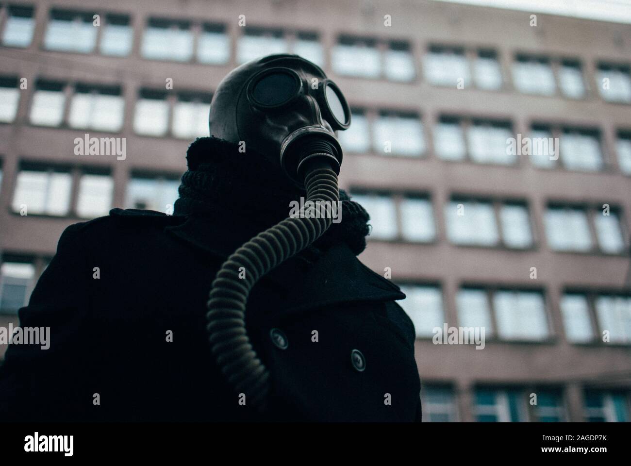 Woman With Gas Mask In A City Between Concept: Climate Change, Destruction  Of The Plane Stock Photo By Gonzagon, Lady Wearing Gas Mask