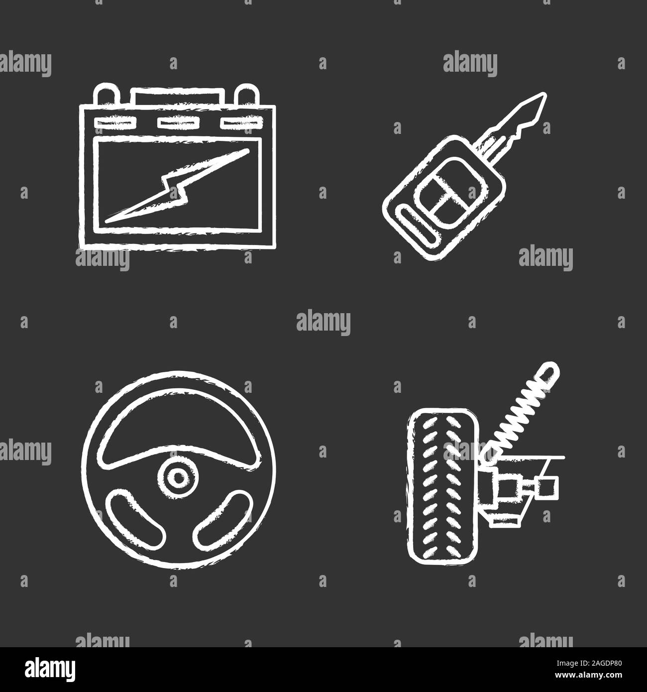 Auto workshop chalk icons set. Automotive battery, car suspension, rudder, key. Isolated vector chalkboard illustrations Stock Vector