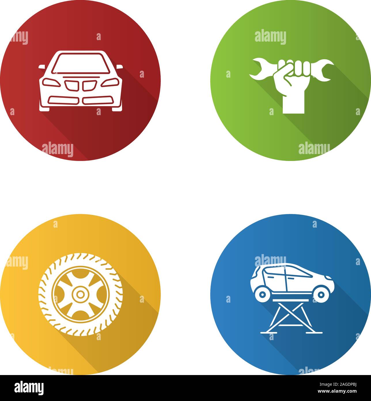 Auto workshop flat design long shadow glyph icons set. Car, wrench in ...