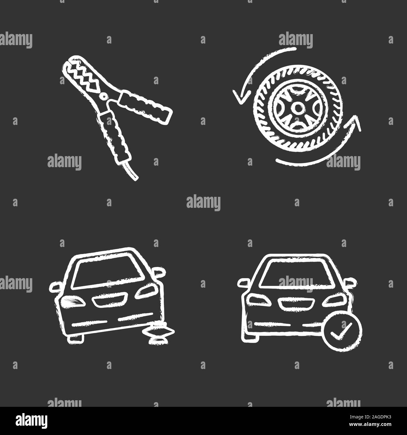 Auto chalk icons set. Automobile with checkmark, car jumper