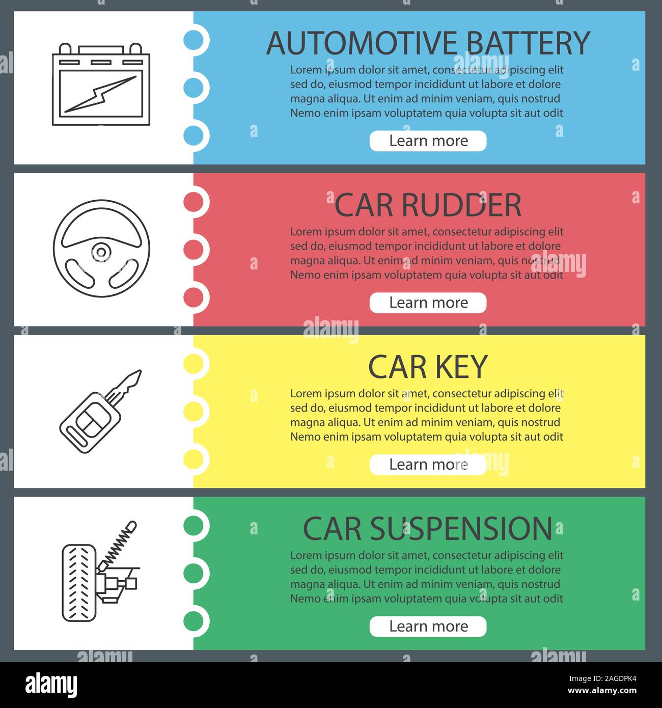 Auto web banner templates set. Automotive battery, car rudder