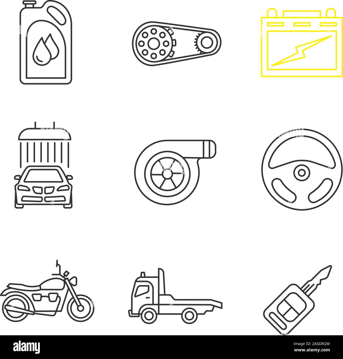 Auto linear icons set. Motor oil, pulley, automotive battery