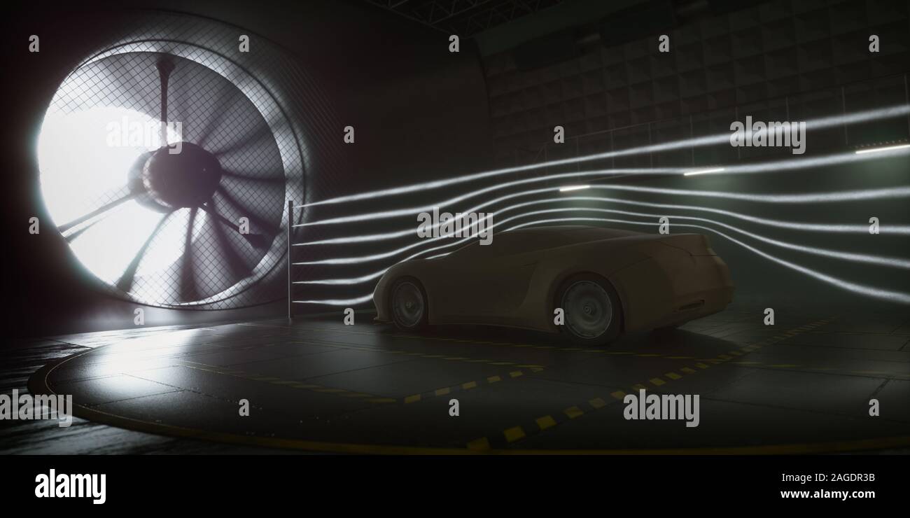 Imaginary sports car, modeled and created using CAD software. Conceptual prototype inside aerodynamic tunnel. Stock Photo