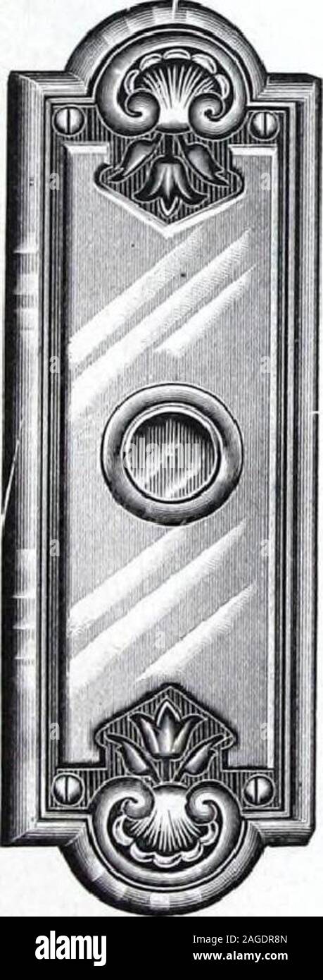 . Illustrated Catalogue of Locks and Builders Hardware. No. 3362 to 83332. IRIS DESIGN WROUGHT METAL No. 3300 Design Has Two Piece Knobs No. 6435 8435. No. 3362No. 83362No. 83332 INSIDE SETS Size of Escutcheon—2&gt;8 in -Steel, Plated. Latch No. 6167.?Solid Bronze. Latch No. 8167.-Solid Bronze. Latch No. 8165, For Description of Latch, see PageNo. 71. PUSH PLATES Si2e2M X 10 in.Steel, Plated. Solid Bronze. ELECTRIC PUSH BUTTONS Size of Plate—2X x 6}4 in.No. 6435—Steel, Plated-.No. 8435^Solid Bronze. TURN DOOR BELLS No. No. 2yi  tyi in. 678—Steel Gong. Steel Trim. Plated Finishes. 878—Steel G Stock Photo