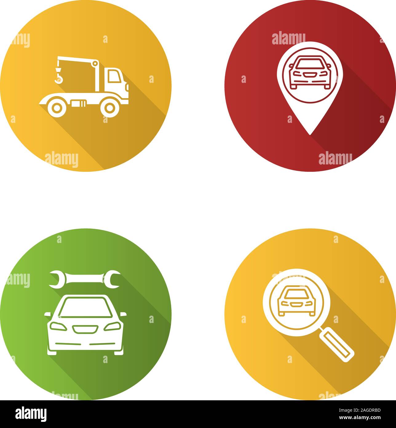 Auto workshop flat design long shadow glyph icons set. Tow truck, gps navigation, repair service, car searching. Vector silhouette illustration Stock Vector