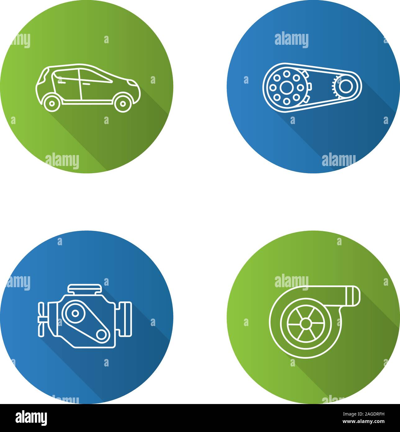 Auto workshop flat linear long shadow icons set. Car, sprocket wheel ...