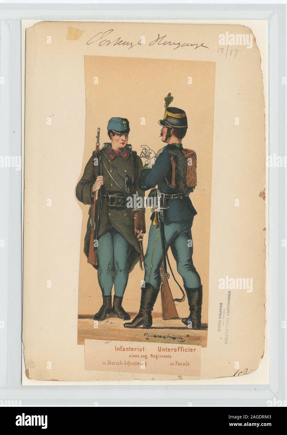 Ownership : Draper Fund 13.17  Infantry Private and NCO, 1877  (Franceschini); Infanterist (in Marsch-Adjustirung), Unterofficier (in Parade) eines ung. Regiments. [1877] Stock Photo