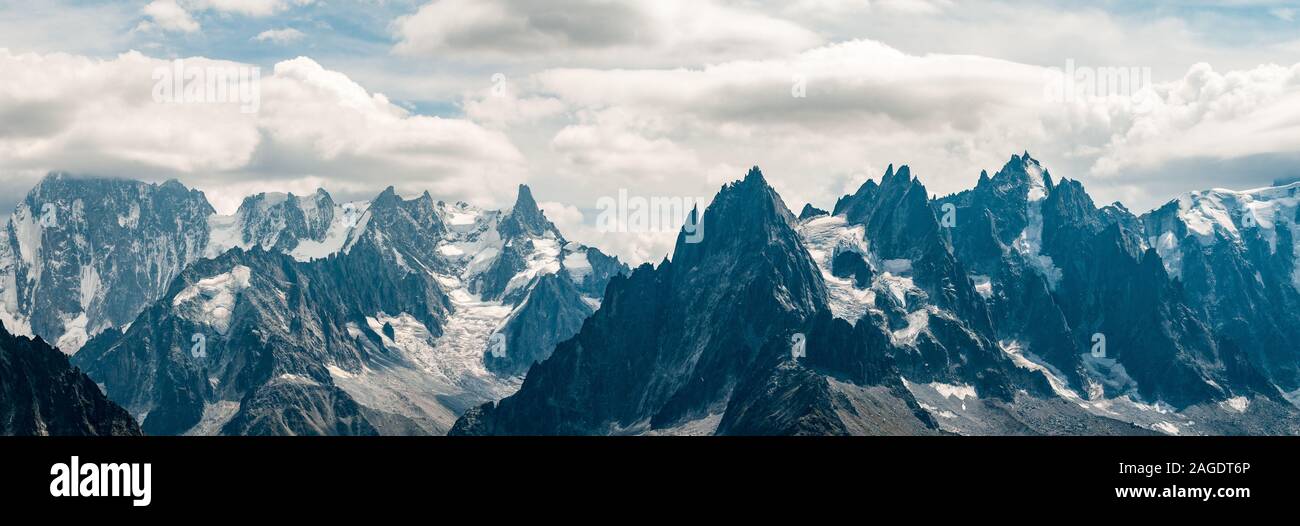 Panorama of the mountains above Chamonix, the Mont Blanc massif and Valee Blanche Stock Photo
