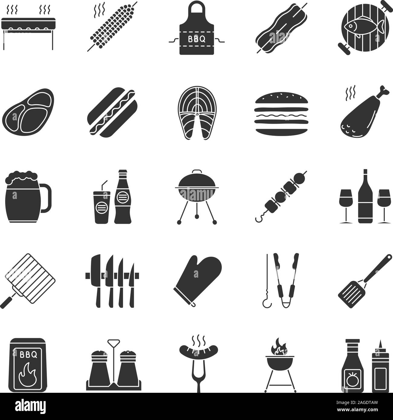 Barbecue glyph icons set. BBQ. Barbeque grills, food, drinks, kitchen